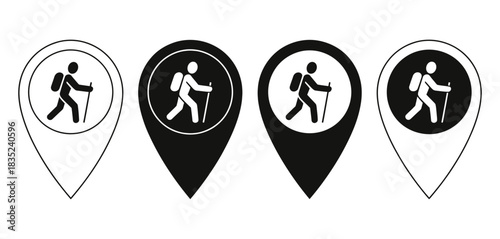 Set of four hiking location map pin icons, symbolizing adventure, travel, and outdoor activities, in both filled and outline styles