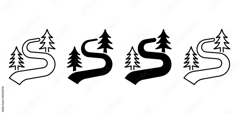 Fototapeta premium Stylized graphic icon set: winding path through forest with pine trees, presented in solid black and outline variations for design versatility.