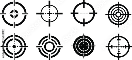 Collection of black crosshair targets in varying designs and concentric circles