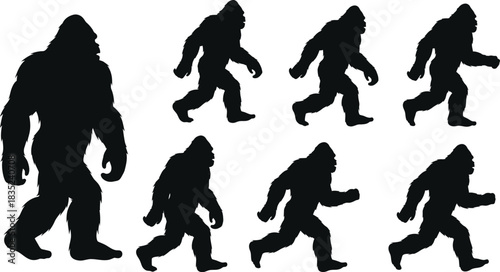 Silhouettes of bigfoot a collection of different poses and perspectives