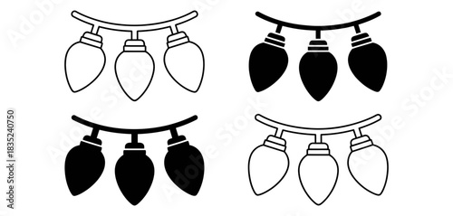Set of four graphic illustrations depicting strings of festive christmas lights in black and white line art and silhouette styles, isolated on white.