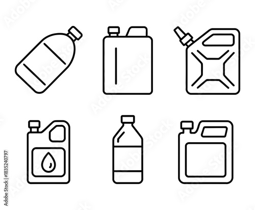 Collection of six linear icon illustrations of various plastic and metal containers for liquids, including jerry cans and bottles.
