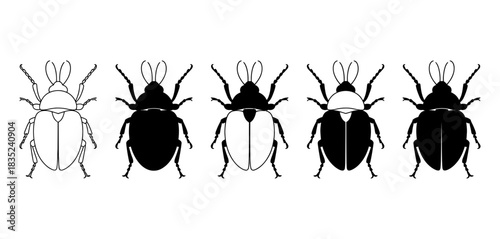 Five stylized insects in a row: outline, solid black, outline with black head, solid black with white head, solid black. clean graphic illustration.