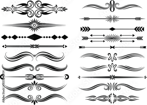 Decorative Flourishes Set, Dividers, Borders, Arrow Designs on Transparent Background