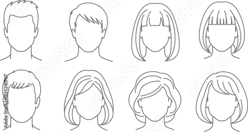 Various outline hairstyles for men and women depicted in a simple sketch format
