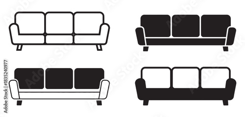 Collection of four sofa icons representing different styles and colors, including outline and silhouette designs for versatile use.