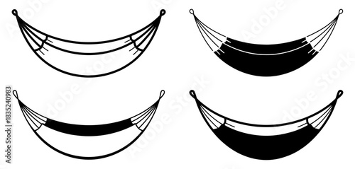 Four graphic representations of hammocks in black and white, illustrating different fill patterns and contrast, isolated on white background.