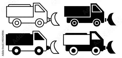 Collection of four simple line art icons representing snow plows or snow removal trucks in black and white variations for winter service illustration.