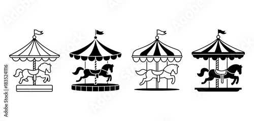 Set of stylized carousel horse icons, representing classic amusement park rides with decorative tents and equestrian figures, isolated on white.