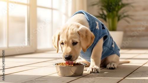 Minimalist Pet Accessories on Clean Adorable Puppy Enjoying a Meal Indoors in Sunlight