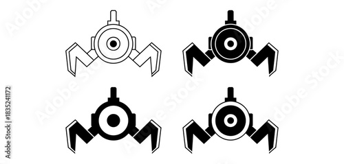 Four variations of a stylized robot character with circular body and angular legs, presented in black and white outlines and solid shapes, isolated on a white background.