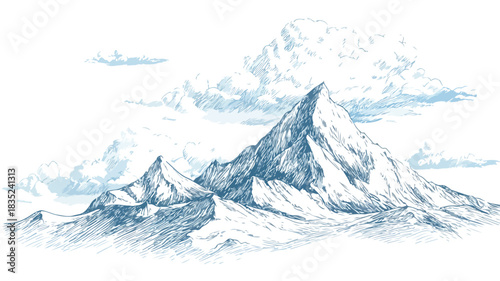 Mountain Drawing with Sky and Clouds Background Vector Illustration