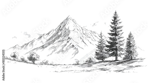 Scenic Mountain Landscape with Trees and Clouds Vector Illustration
