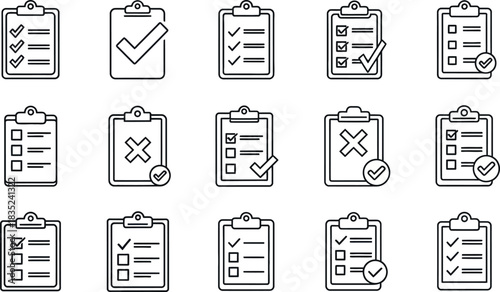 Collection of clipboard icons featuring checklists ticks and crosses