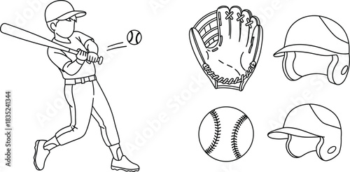 Baseball player swinging a bat with related equipment illustrations