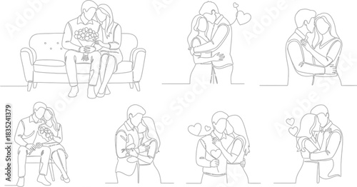 Line art illustrations of embracing couples in various affectionate poses