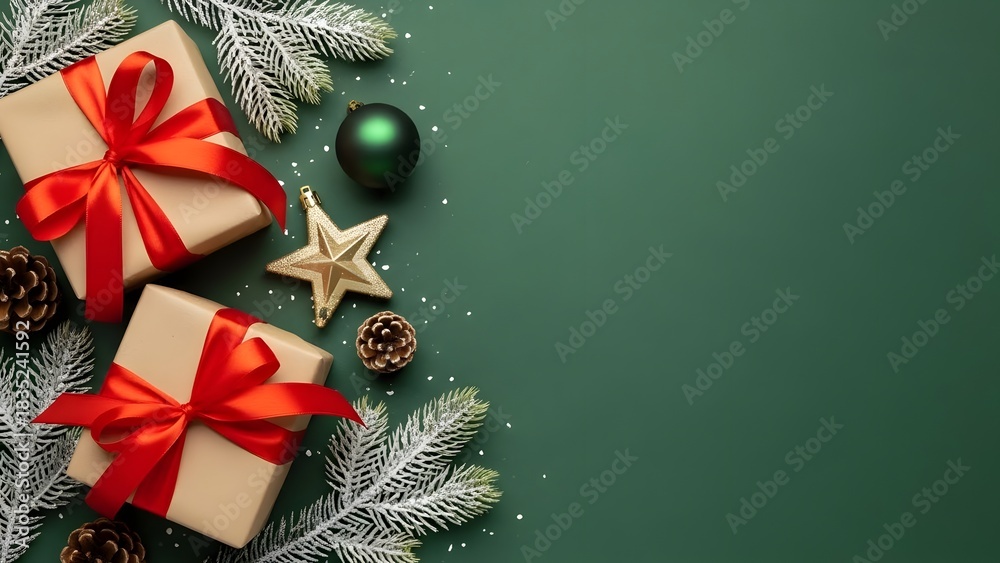 Naklejka premium Festive christmas presents with red ribbons on green background