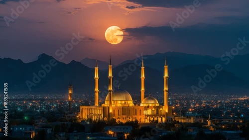 Glowing Mosque Under Full Moon at Dusk with Distant Mountains and City Lights in Iran Middle East Dramatic Sky Serene Atmosphere Golden Illumination