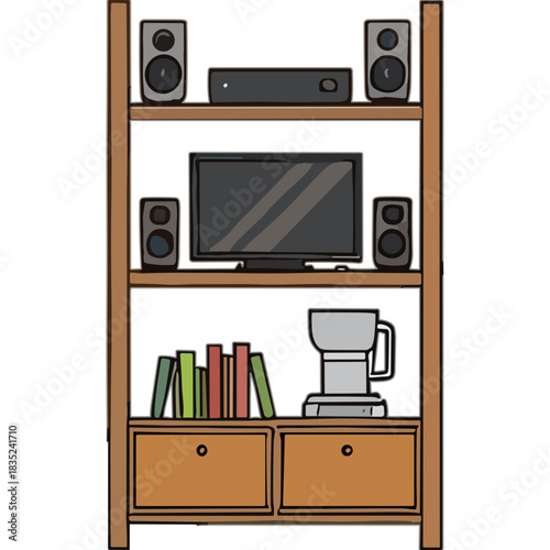 Wooden Shelf Unit With Entertainment System Books And Coffee Maker On Black Background Simple Style