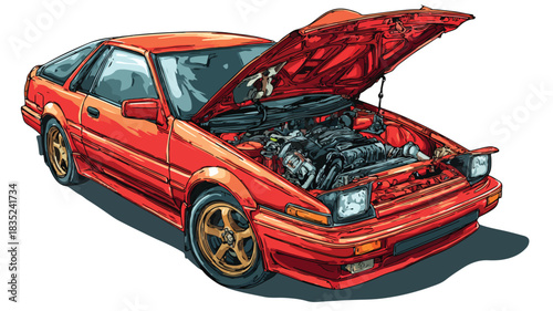 Red Car with Open Hood Vector Drawing - Detailed Automotive Illustration