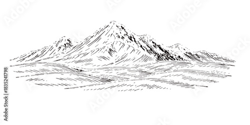 Mountain landscape vector illustration of a high black rock peak with snow, ice, and cold white clouds