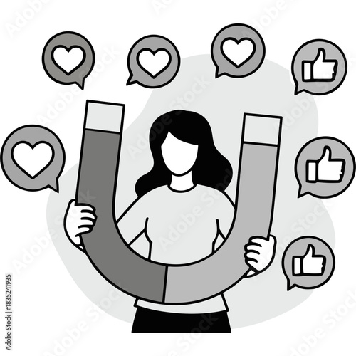 Woman Holding Large Horseshoe Magnet Attracting Social Media Likes and Hearts Symbols Representing Customer Engagement and Online Popularity in a Minimalist Style