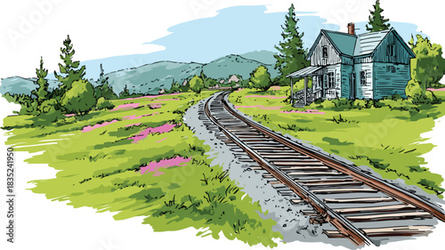 Scenic Drawing of Track and House in Background