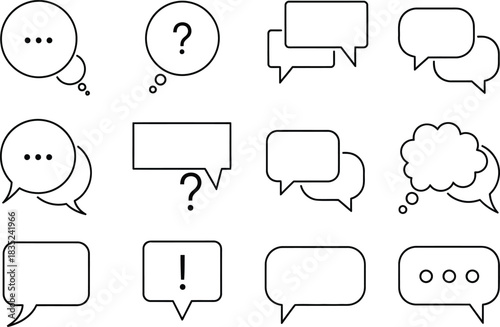 Dialogue Bubble Outline Icons Set with Question, Exclamation Marks on White Background