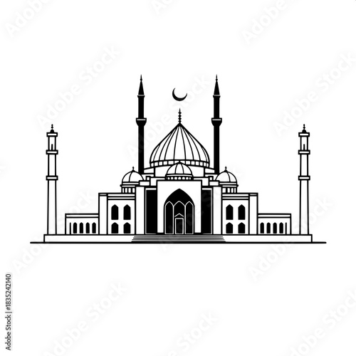 “Minimalist black-and-white line-art illustration of the Shah Faisal Mosque, centered symmetrically, featuring angular geometry, tall minarets, and a crescent moon atop the triangular roof, with bold 