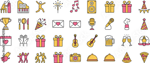 Party Celebration Event Flat Line Icons Set Birthday Wedding Music Food Presents Fun Joy Vector Isolated Illustration Collection.