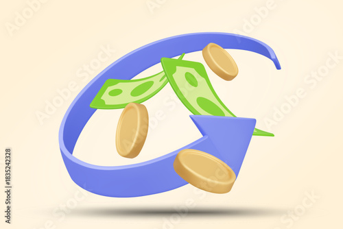 3D vector icon of blue arrow circle with floating banknotes and gold coins. Concept for money flow financial circulation and refund turnover. Minimalist and clean modern banking design illustration.