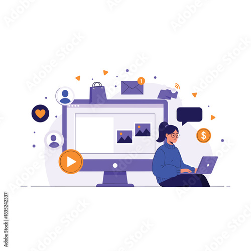 Woman Working on Laptop with Large Computer Screen Displaying Photos and Social Media Icons Digital Art Illustration