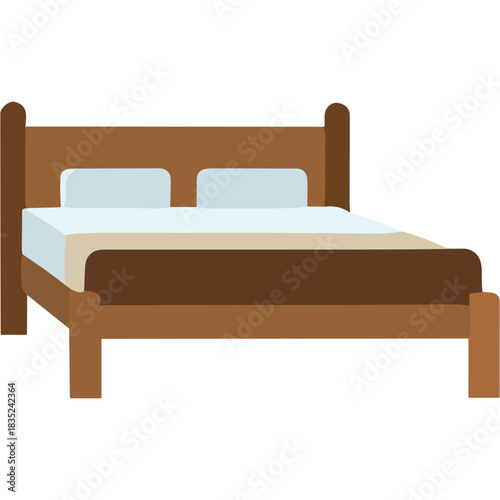 Wooden Bed Frame With Two White Pillows Light Blue Sheets And A Light Brown Blanket With A Dark Brown Headboard And Footboard Isolated On A Black Background