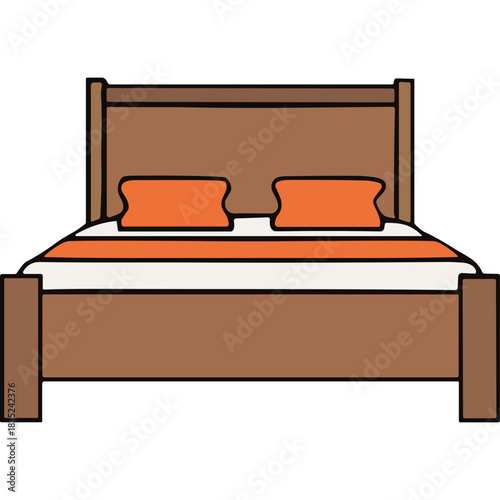Wooden Bed Frame With Orange And White Striped Bedding And Two Orange Pillows In A Simple Isolated Bedroom Illustration