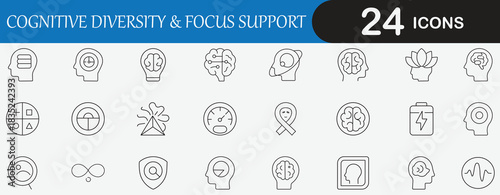 Neurodiversity Outline Icon Set. Containing brain, focus, psychology, wellness, and attention symbols. Editable vector icon for mental health apps, HR platforms, and corporate training