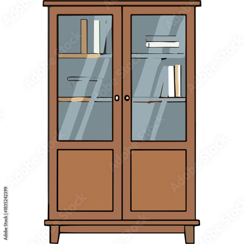 Wooden Bookcase with Glass Doors and Shelves Holding Books in a Studio Environment