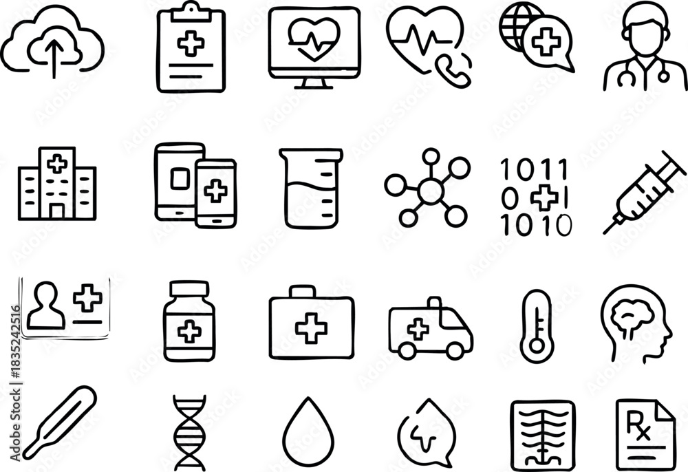 Fototapeta premium Line art medical icon set with 24 thin stroke symbols arranged in 4x6 grid showing cloud upload, clipboard with cross, syringe, ambulance, heart monitor, brain icon