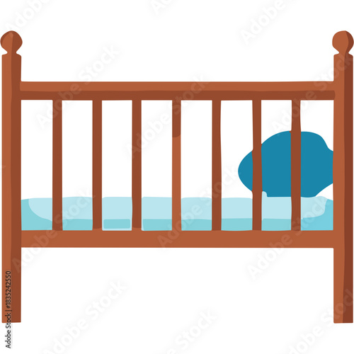 Wooden Crib with Blue Bedding and Pillow Neutral Background Isolated Object