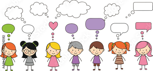 Kids Stick Figures with Speech and Thought Bubbles for Communication Graphics.