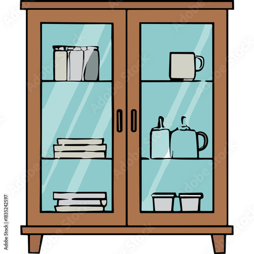 Wooden Display Cabinet with Glass Doors Filled with Kitchenware and Dishes illuminated by Soft Light against a Teal Background Ideal for Home Decor and Storage Concepts