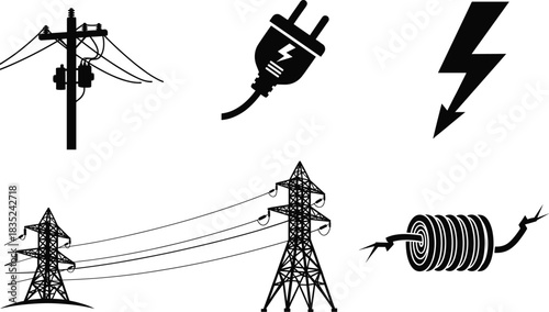 electricity, power, energy, plug, icon, lightning, voltage, tower, pylon, cable, wire, utility, symbol, electric, silhouette
