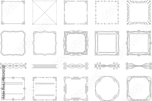 Elegant Decorative Frames Dividers Set; Delicate Outlines on Transparent Background