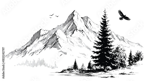 Serene Mountain Landscape with Flying Bird and Tree in Background