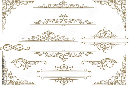 Elegant Gold Borders and Corners Ornament Set with Floral Accents on White Background