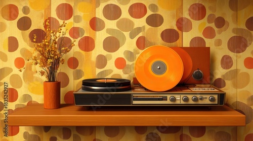 70s Record Player on Shelf, Retro Style, Decorative
