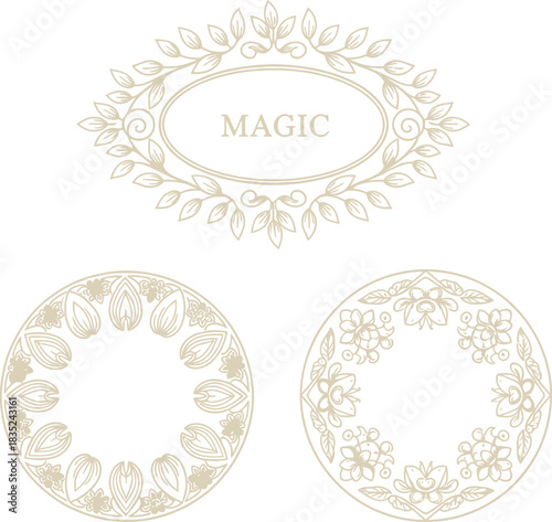Floral design with leafy wreath and circle ornaments on white background