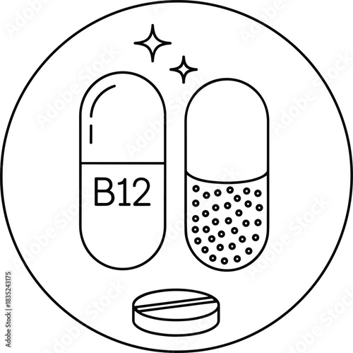 Nutritional Supplement Capsules and Tablet Symbol for Health, Wellness, Diet, Pharmacy, and Medical Line Art Design.