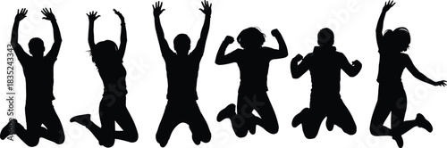 Energetic group of children jumping in joyful silhouette poses, expressing fun movement, active lifestyle, happiness, childhood excitement, dynamic vector illustration