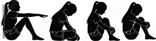 Emotional posture silhouette vector, sitting woman, sadness progression, mental health concept, black figure, introspection, depression, isolated pose illustration