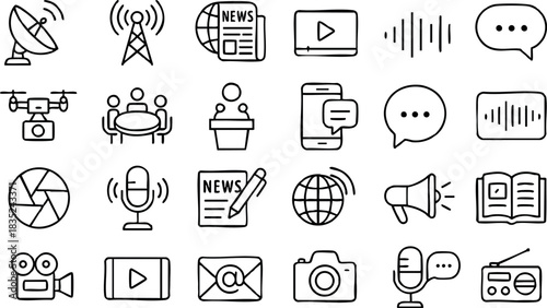 Minimal line icon set top-down grid showing satellite dish radio tower news globe play button waveform speech bubbles drone camera microphone for app ui web print